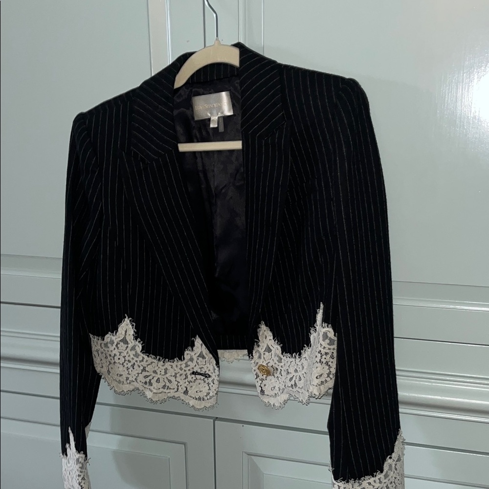 LoveShackFancy Black Pinstripe Blazer with White Lace